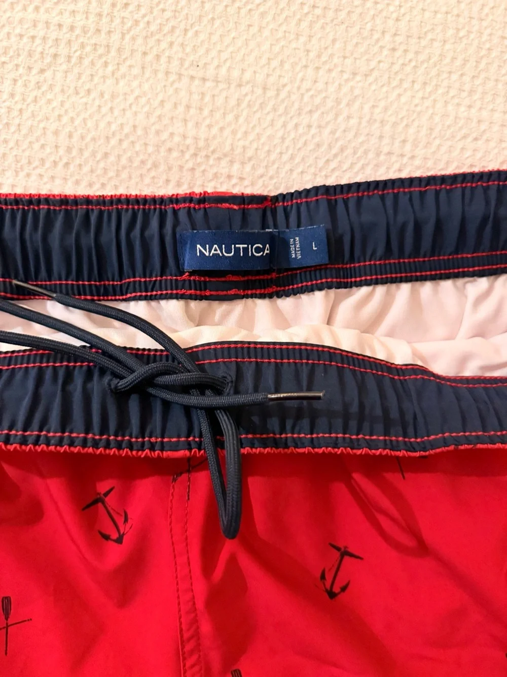 Nautica Red Swim Trunks with Navy Anchor Print